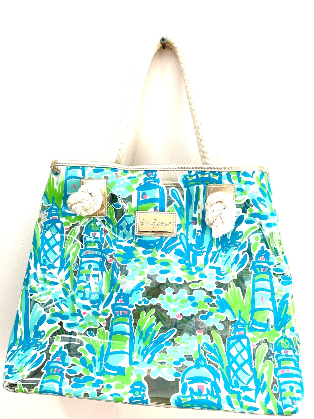 Lilly Pulitzer Clear Breezy Roped Handles Beach Bag Plastic PVC Beautiful 15x13